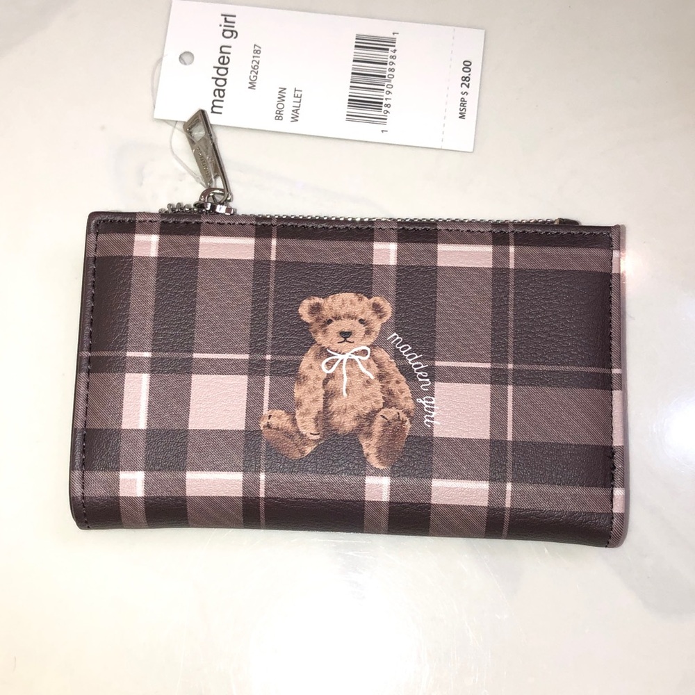 Madden Girl Brown Plaid Teddy Bear Faux Leather Bifold Wallet NWT